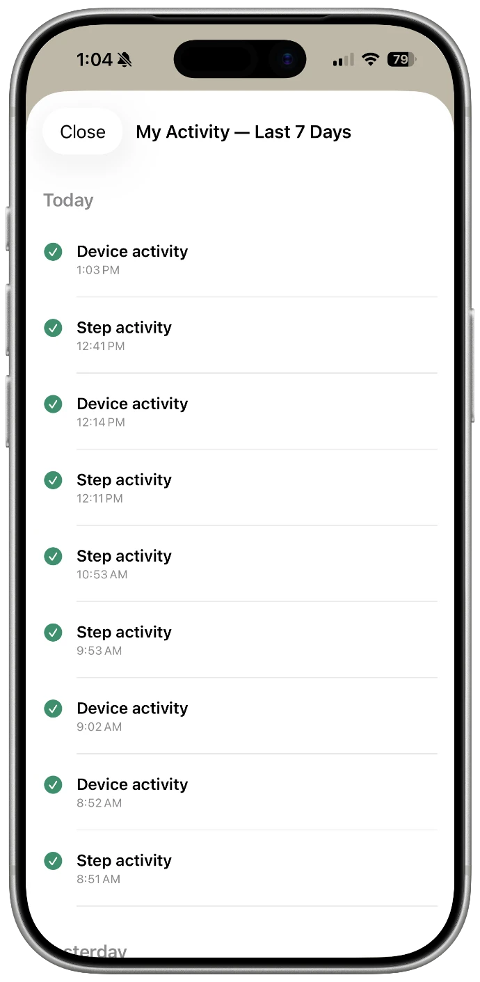 My Activity log of passive check-in signals