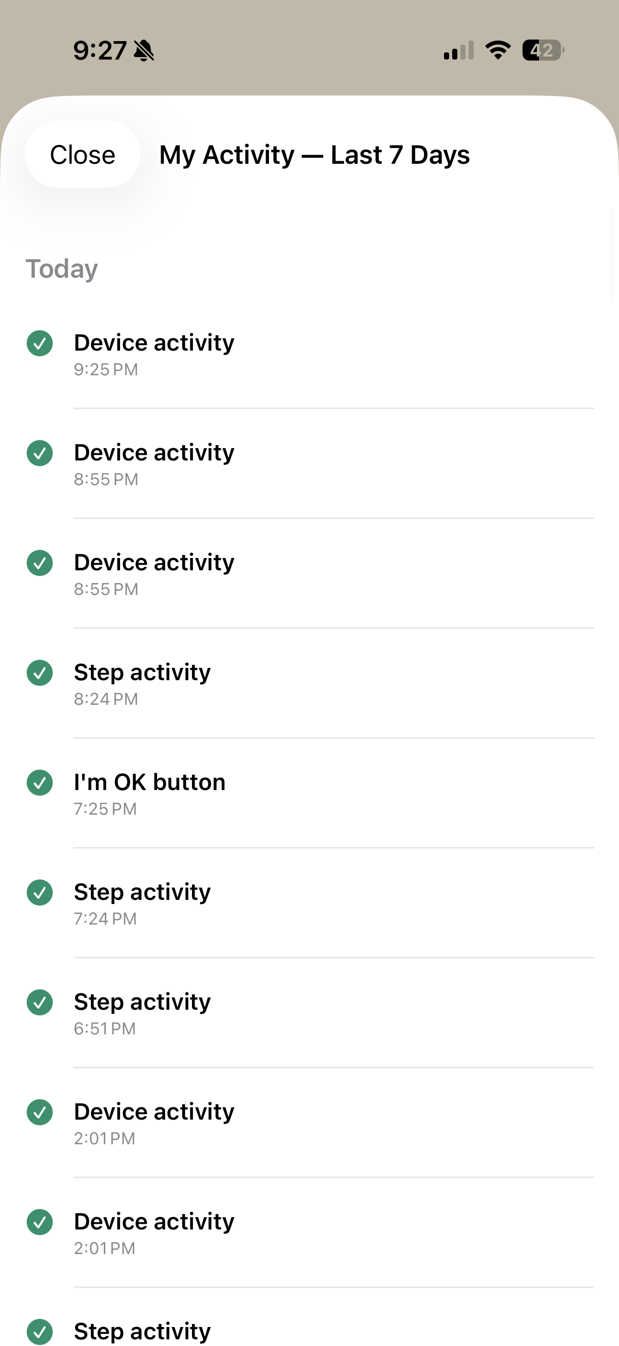 My Activity log of passive check-in signals