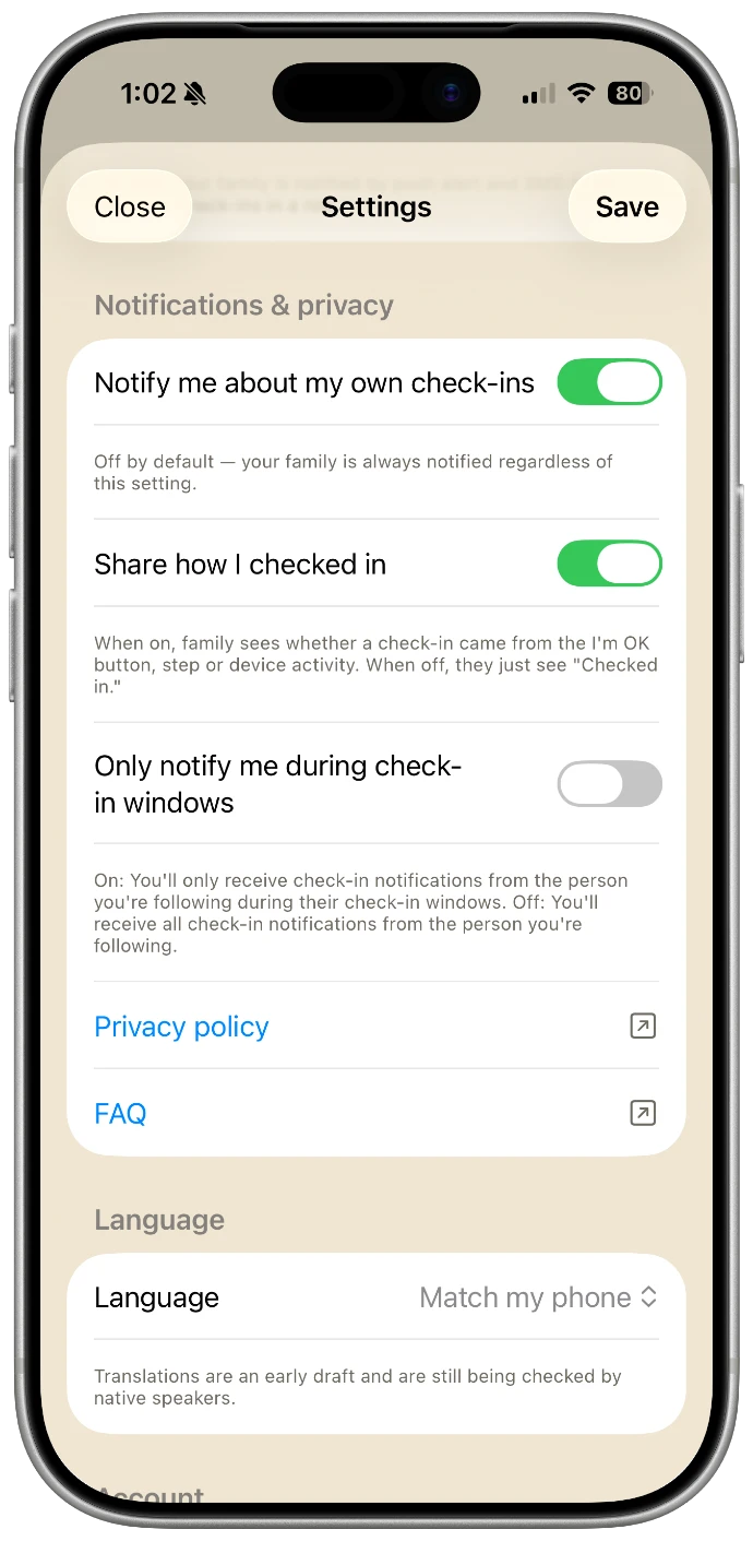 Notification and privacy settings screen