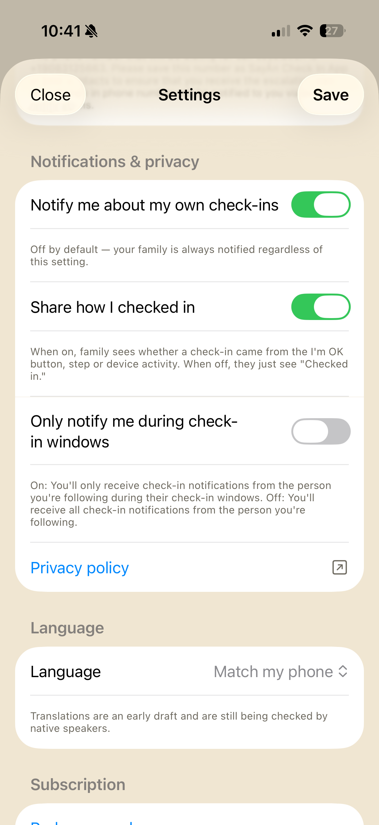 Notification and privacy settings screen