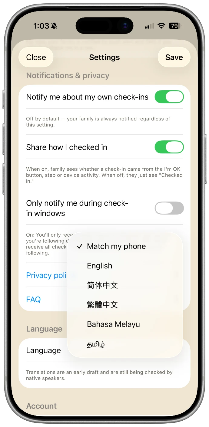 Language picker with English, Chinese, Malay and Tamil