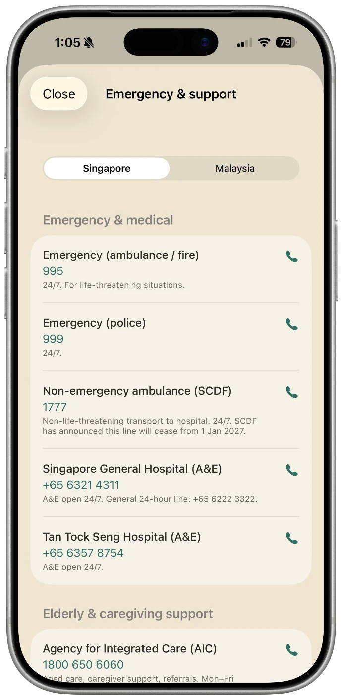 Emergency and support contacts for Singapore and Malaysia